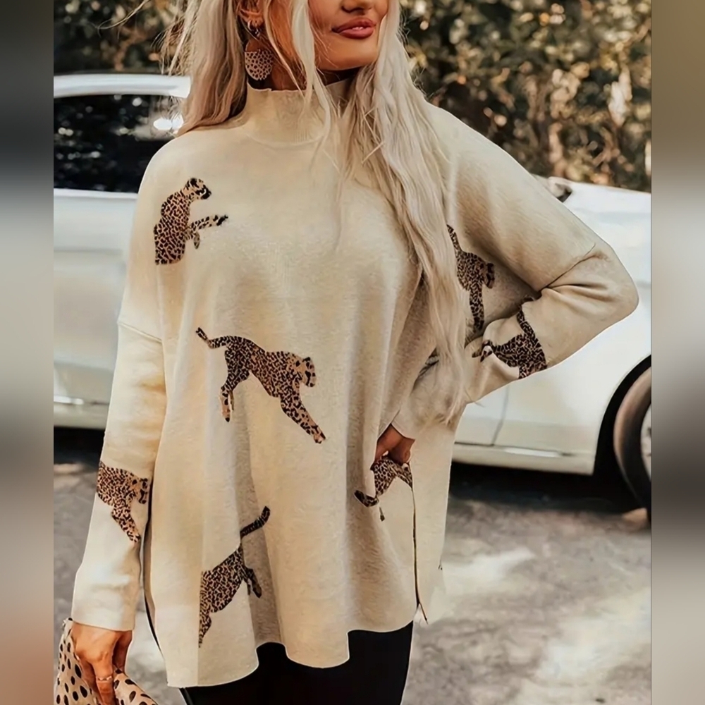 New Elegant Leopard Pattern Mock Neck Long Sleeve Beige Sweater Small(Oversized)